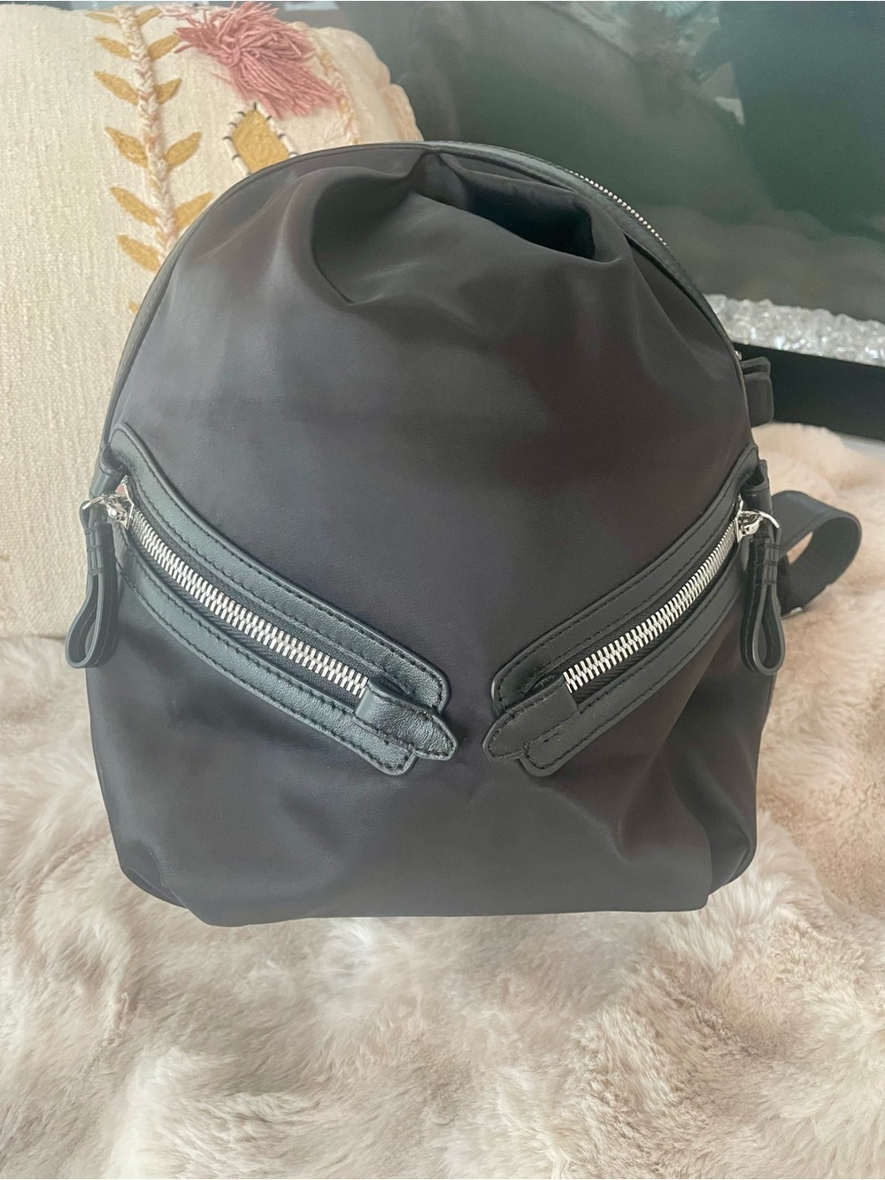 Caraa Black Compact Satin Finish Nylon Backpack with Silver Zippers